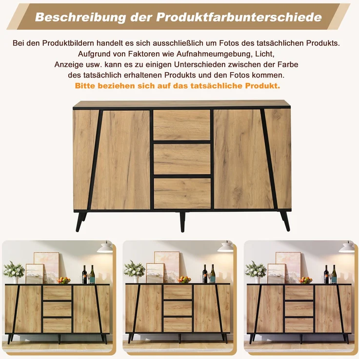 Abrihome Sideboard Aufbewahrungsschrank, Kaffeebar, 3 Schubladen, Naturholz, 120 x 40 x 70 cm – Bild 6