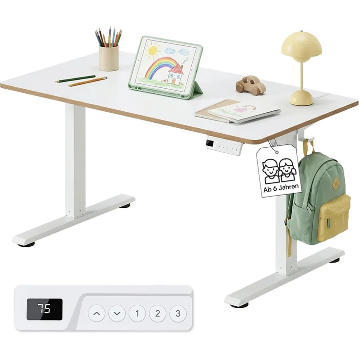 Bellabino 'Toro' Kinderschreibtisch 110x60 cm, elektrisch höhenverstellbar, weiß, Schreibtisch mit kindergesicherter Steuerung, LED-Höhenanzeige und 3 Speicherhöhen, Jugendschreibtisch mit Rucksackhaken, ab 6 Jahren – Bild 1