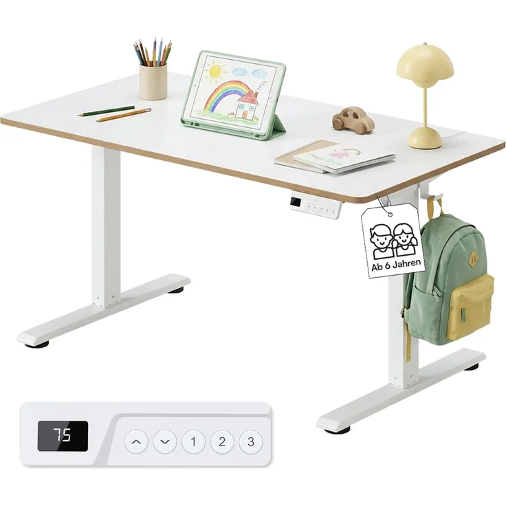 Bellabino 'Toro' Kinderschreibtisch 110x60 cm, elektrisch höhenverstellbar, weiß, Schreibtisch mit kindergesicherter Steuerung, LED-Höhenanzeige und 3 Speicherhöhen, Jugendschreibtisch mit Rucksackhaken, ab 6 Jahren