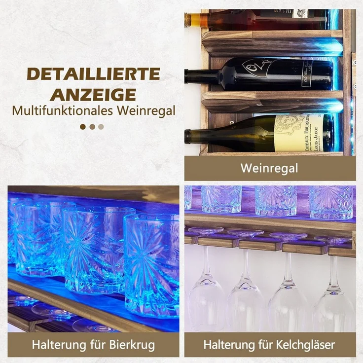 Yorbay Weinregal Weinregal aus Holz, Wandbar mit Korkhalter, mit LED Beleuchtung, für Weingläser, Whiskygläser, Wandmontage Wand Flaschenhalter Vintage Stil für Hausbar – Bild 2