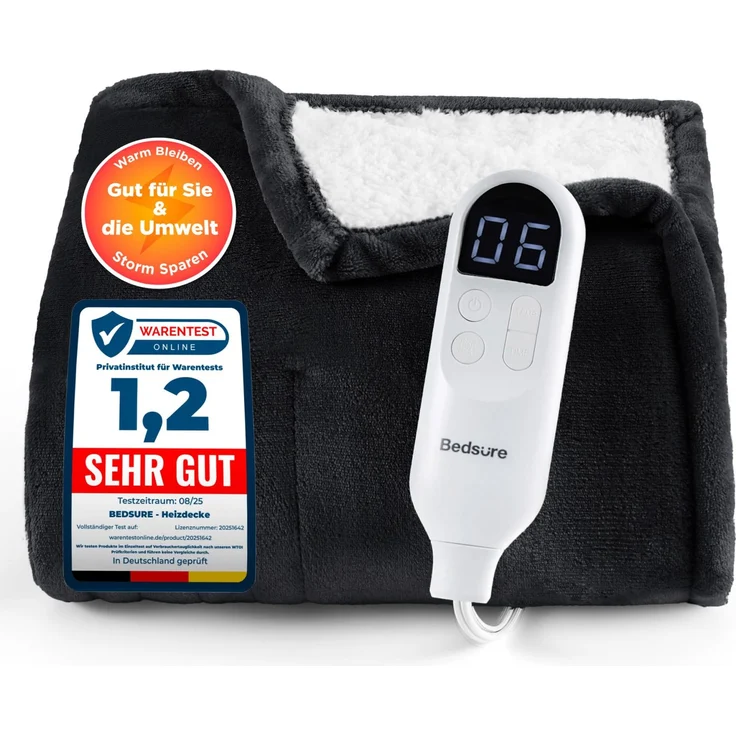 BEDSURE Heizdecke Wärmedecke Elektrische Kuscheldecke - 130x180 cm, Schwarz | mit Abschaltautomatik, 6 Heizstufen & 10 Stunden Timer, bis zu 8 Stunden Überhitzungsschutz für Home & Office
