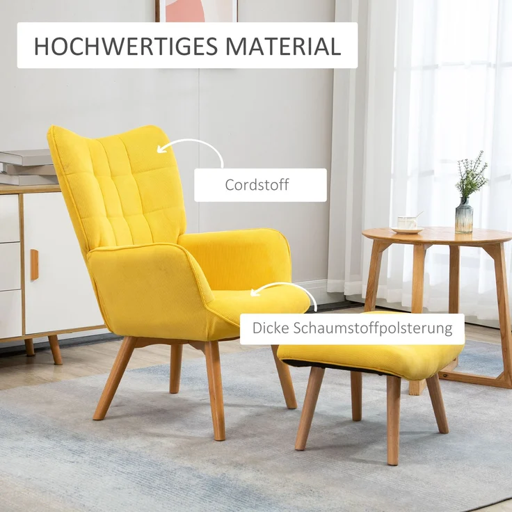 Relaxsessel Loungesessel Ohrensessel mit Hocker in Gelb, Armlehnstuhl mit Holzbeinen, Cord-Optik für gemütliches Sitzen--Gelb--72x80x101cm--YOUDENOVA – Bild 4