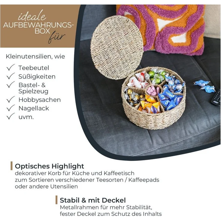 HMF Teebox Teebox für Teebeutel geflochten aus Seegras, Seegras, Tee Aufbewahrungsbox mit 7 großen Fächern, 27 x 27 x 11 cm – Bild 2
