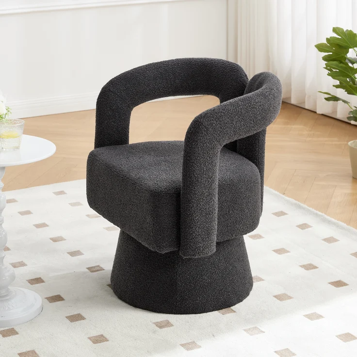 LVHOM Polsterstuhl 360° drehbar, Drehsessel Bouclé-Stoff, Loungesessel mit Armlehnen, Armlehnenstuhl Relaxsessel, Dunkelgrau – Bild 8