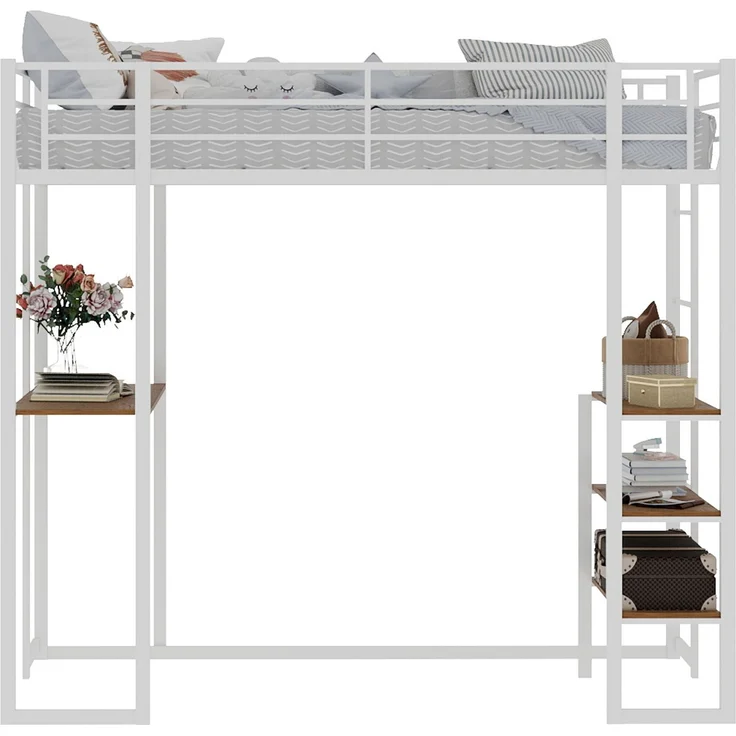 Wohnora-Eisenbettgestell mit Bett und Tisch, Maße 90*190 cm, geeignet für Kinder- und Jugendzimmerbetten, Eisenbettgestell mit Geländer und Treppen, mit Speicherplatz unter dem Bett,Weiß – Bild 2