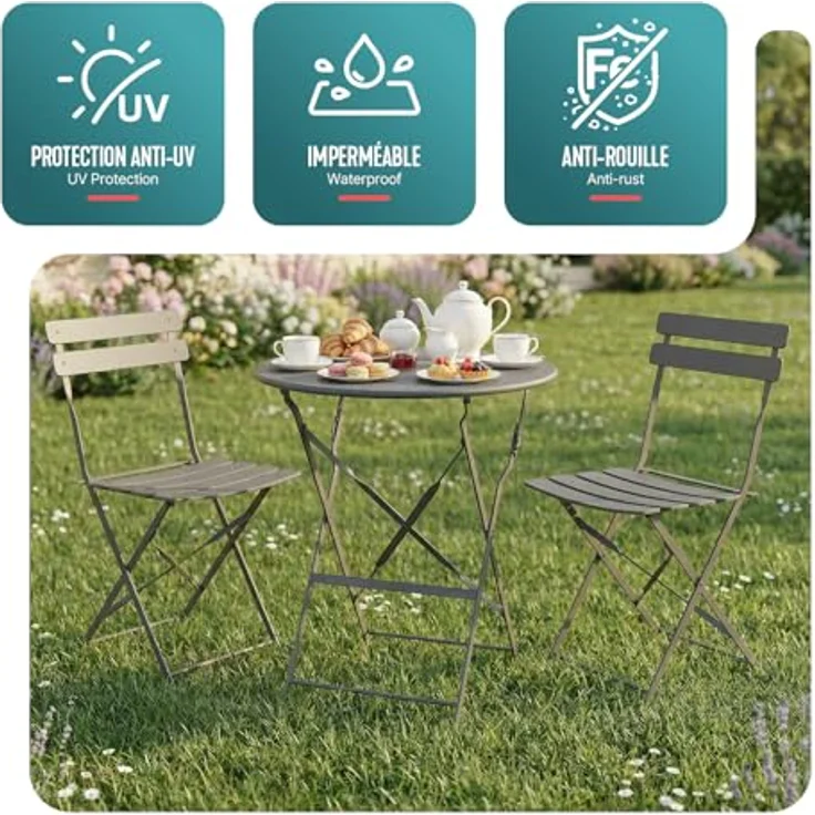 VOUNOT® Bistroset 3-teilig, Klappbar Bistrotisch mit 2 Stühlen, Metall Bistro Set Outdoor, Gartenmöbel Set, Sitzgruppe für Balkon, Terrasse, Garten & Wohnraum, UV- und wetterfest, Grau – Bild 4