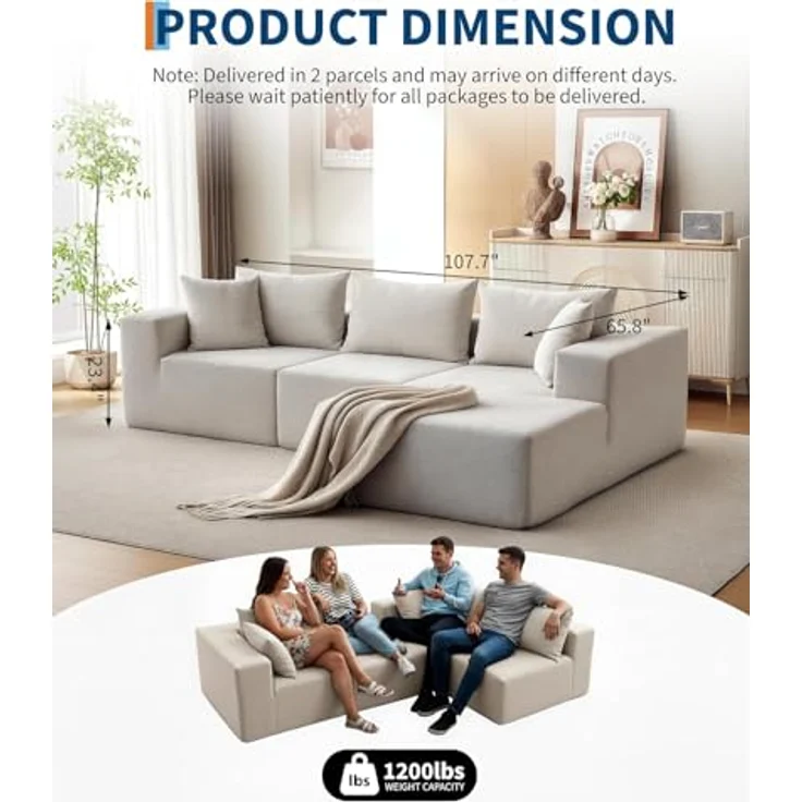 GarveeHome Modulares 108" Cloud Ecksofa Mit Chaiselongue – Flauschiges, l-Förmiges Sofa – Tiefer Sitz, Boneless, Schlafsofa – Komfort Für Wohnzimmer – Ohne Montage – Bild 4