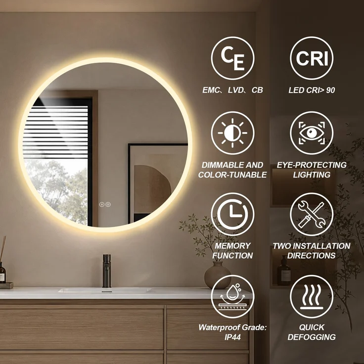 Badspiegel 70 x 70 cm, rund, mit dimmbarer LED-Beleuchtung und Antibeschlagfunktion – Bild 7