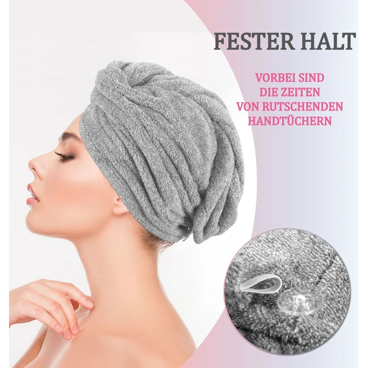 Haarturban ( Grau ) Cozy mit Knopf - 25x65cm ( One SIze ) Superweich Flauschig - Saugstark, Handtuch Haare Turban Haarhandtuch Schnelltrocknend – Bild 6