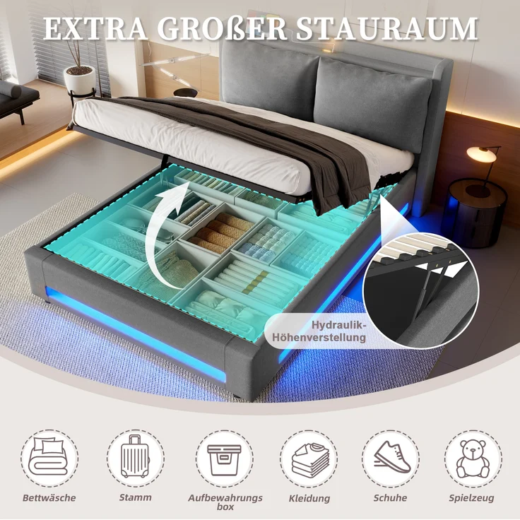 LVHOM Polsterbett 160x200cm mit LED&USB, Doppelbett mit Stauraum, Stauraumbett mit abnehmbaren Kissen, Bettgestell Massiv, Samtstoff, Grau – Bild 3