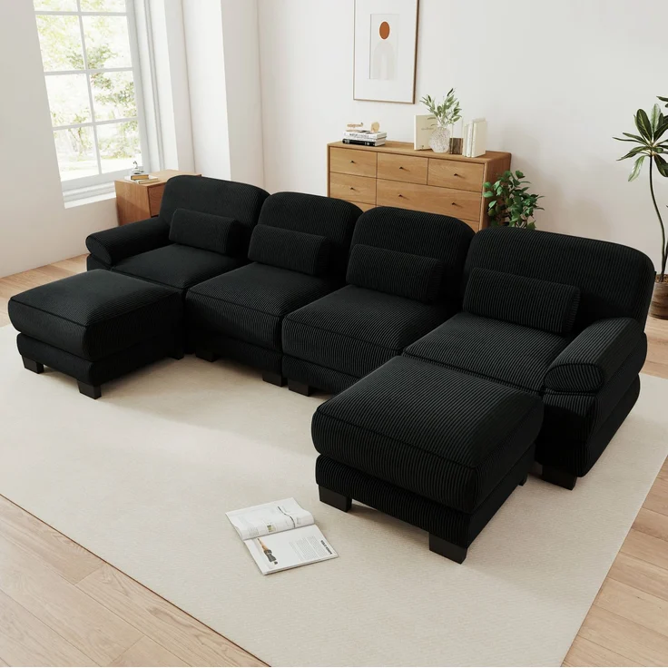 Modulares Sofa 336x161x94 cm in Schwarz mit Cordbezug, flexibler L- oder U-Form – Bild 2