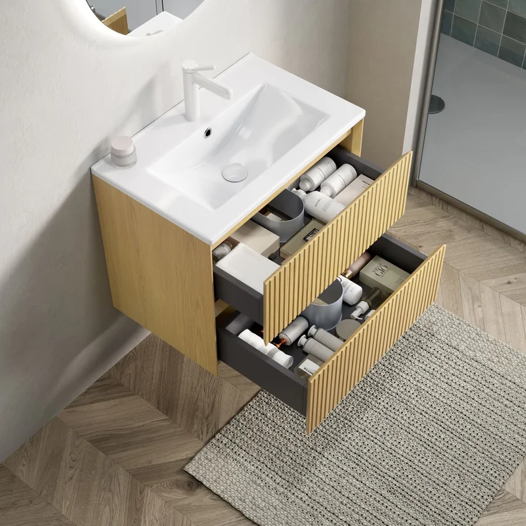 Wandhängender Waschtischunterschrank, 61 cm breit, mit Keramikbecken und 2 Schubladen – Bild 4