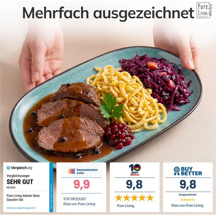 Steingut Servier Teller Groß Ibiza TESTSIEGER, Traumhafte Mediterrane Steingut Servierplatte, Serving Plate Oval, Servierteller Groß - Pure Living in Petrol – Bild 3