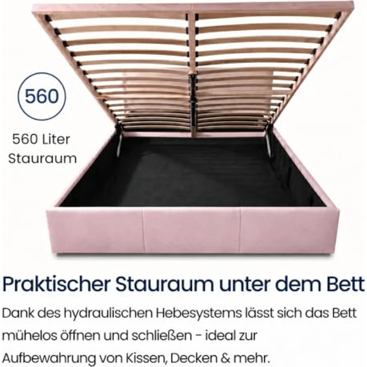 Home Collective Polsterbett, Bettgestell mit Lattenrost & Stauraum, samtweicher Veloursstoff in Rosa, mehrere Größen (120x200, 140x200, 160x200, 180x200) – Bild 3