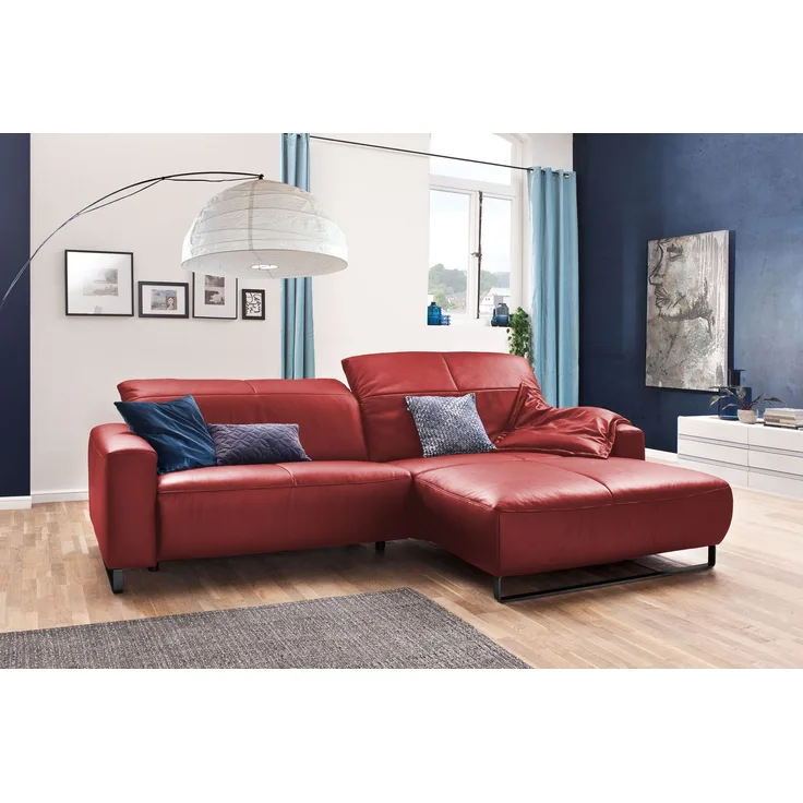 KAWOLA Sofa YORK Leder Life-line rot Recamiere rechts Fuß Metall schwarz 85 x 180 x 284 cm