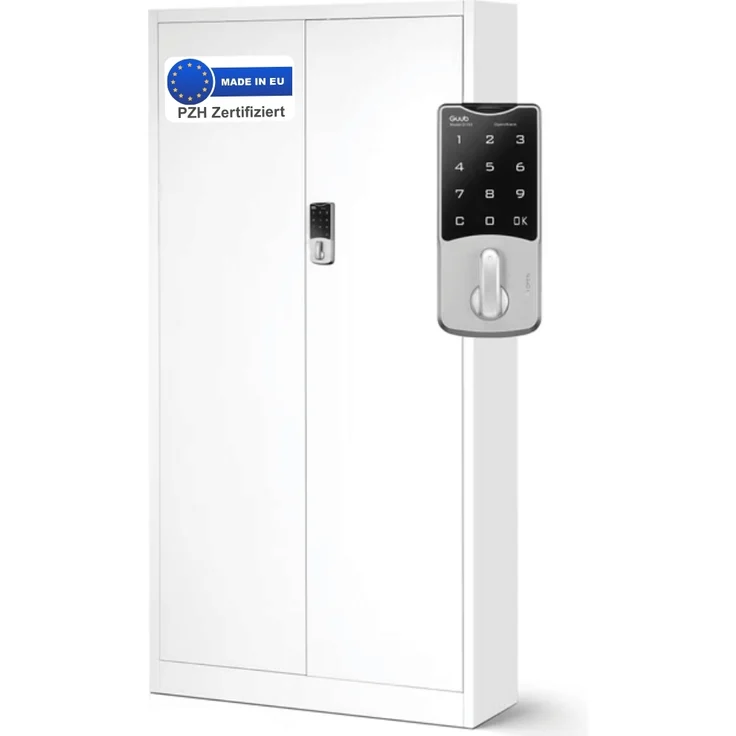 Metallschrank abschließbar ODIS - Zahlenschloss, 5 Ebenen | Aktenschrank Büroschrank Stahl Mehrzweckschrank Werkstatt Werkzeugschrank, 185x90x40cm Weiß – Bild 1