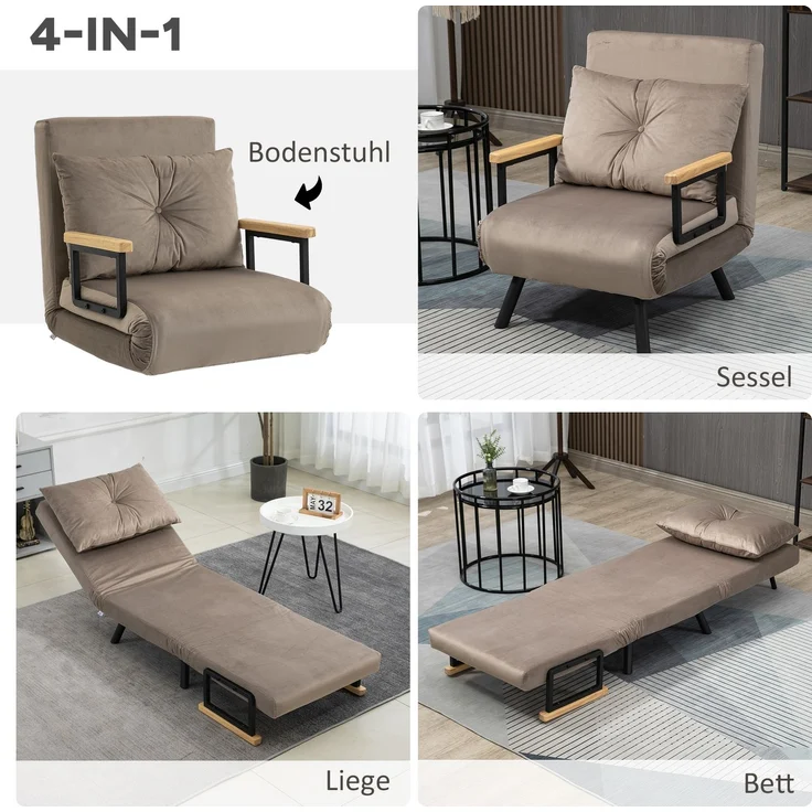 MELAYR, Schlafsessel, Gästebett, verstellbare Rückenlehne, bis 120 kg, Stahllrahmen, 63x73x81cm, Hellbraun, Braun – Bild 6