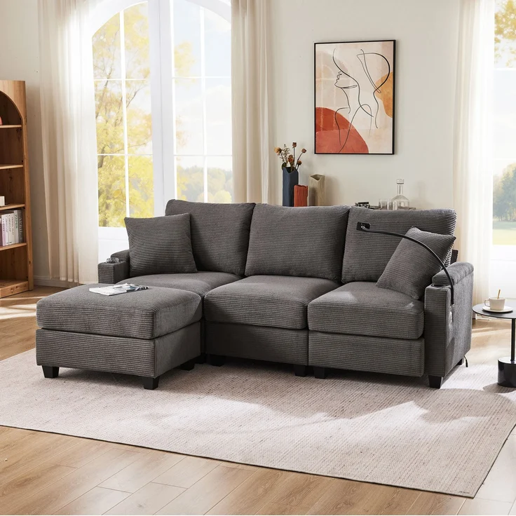 DESVIAE Sofa mit beweglichem Hocker und USB-Ladeanschluss 213,5x87x139 cm Cord Dunkelgrau – Bild 3