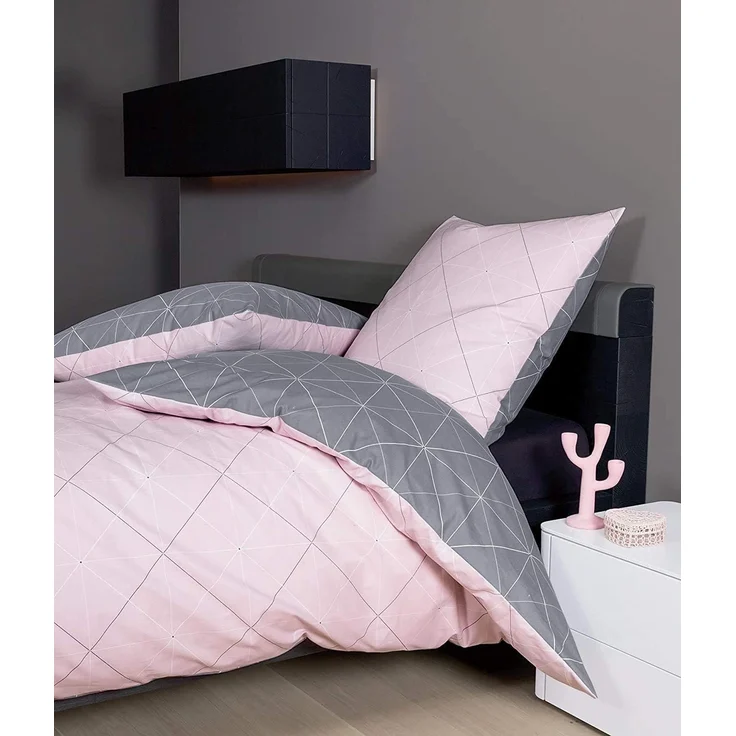 Davos Janine Biber Bettwäsche 2tlg grau rosa 65101-01| Bettwäsche-Set aus 100% Baumwolle | 2 teilige Wende-Bettwäsche 135x200 cm & Kissen 80x80 cm | Geometrisches Muster – Bild 2