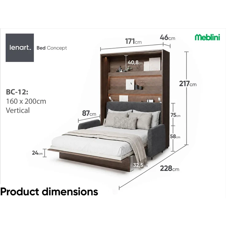 MEBLINI Schrankbett BC-12 - 160x200cm Vertikal - Dunin Eiche/Dunkelgrau - mit Sofa - Wandbett mit Lattenrost - Klappbett mit Schrank - Wandklappbett - Murphy Bed – Bild 7