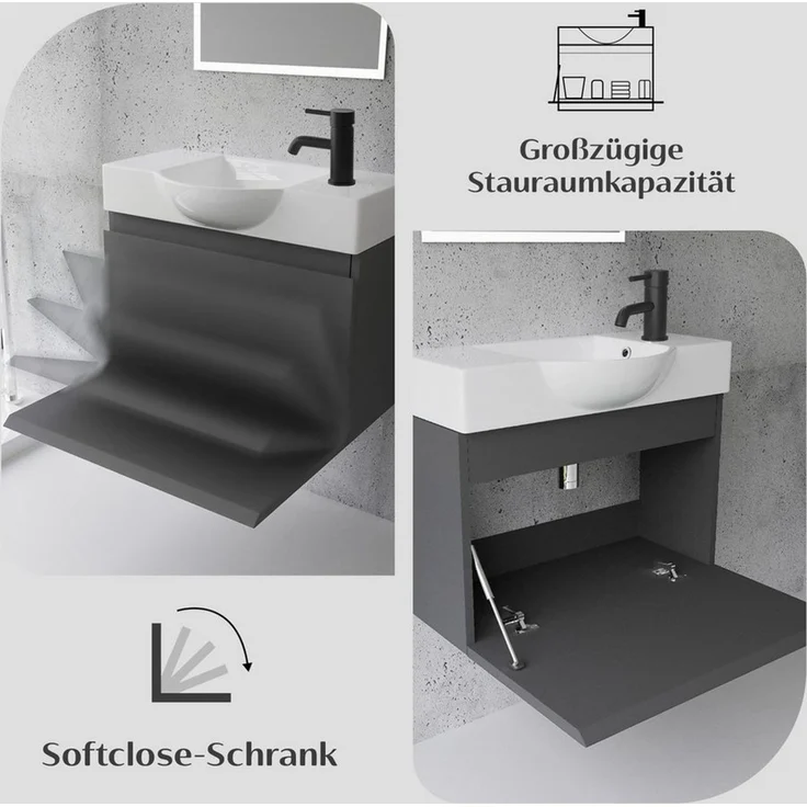 Alpenberger Badmöbel-Set Waschbecken mit Unterschrank 55 cm Breit, (Badezimmermöbel Waschtisch, Badschrank Schmal), Waschbeckenunterschrank mit Softclose – Bild 3