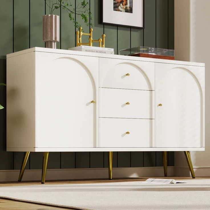 Kommode 140 cm mit gewölbten Schubladen, Sideboard mit höhenverstellbarem Fachboden, Drehtüren, Metallfüßen, Stauraum – Bild 3