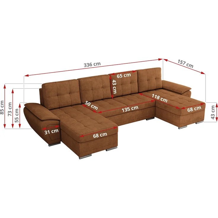 U-förmiges Ecksofa mit Schlaffunktion, genähter Sitz, zwei Armlehnen und losen Kissen - UMBRIA U - Orange Stoff – Bild 7