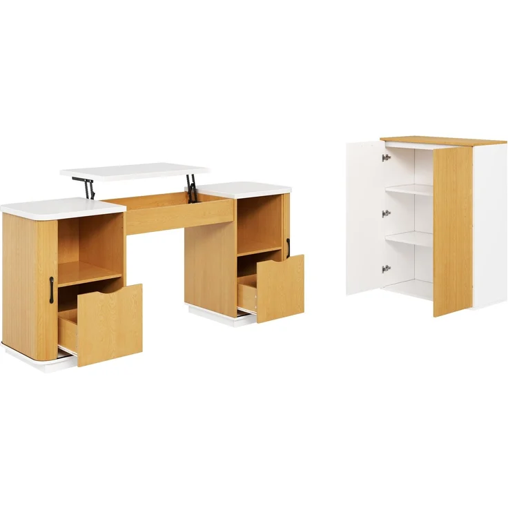Büromöbel-Set aus MDF mit Schreibtisch und Aktenschrank, Klappfach, Tischfläche 140x50 cm, Weiß/Eiche – Bild 7