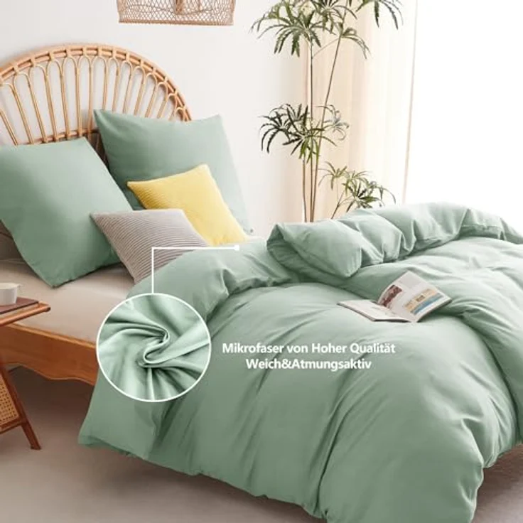 WAVVE Bettwäsche 135x200 4teilig Salbeigrün - Bettbezüge 135x200 2er Set mit Kissenbezüge 80x80 cm, Bettwäsche-Sets 135x200 cm aus Mikrofaser mit Reißverschluss Weich – Bild 4