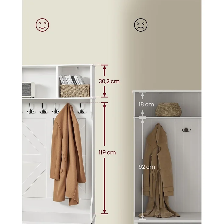 VASAGLE Kleiderständer, Garderobe, Eingangsmöbel mit Schuhregal, verstellbare Ablagen, 20 offene Fächer, 6 Dreifach-Haken, Landhausstil, freistehend, für Eingangsbereich, Flur, wolkenweiß HSRDE440W03 – Bild 6