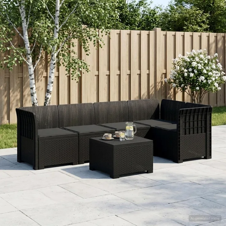 vidaXL 5-Sitzer Gartensofa mit Kissen Rattan-Look PP Anthrazit 3444071