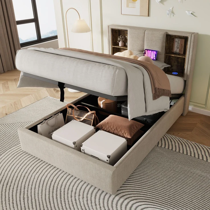 EINHOM Einzelbett 90x200cm mit Stauraum Lattenrost, Polsterbett mit Kabellosem Laden USB C, Leinen, Natürlich (Ohne Matratze) – Bild 4