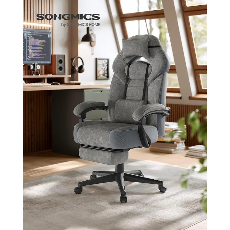 SONGMICS Gaming-Stuhl, Bürostuhl, Computerstuhl, ergonomisches Design, mit Fußstütze, verstellbares Kopfkissen – Bild 2