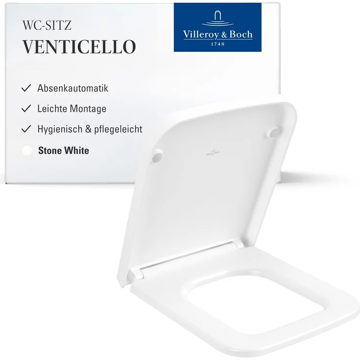 Villeroy & Boch Venticello WC-Sitz - Toilettendeckel mit Absenkautomatik - Abnehmbarer, bruchsicherer Toilettensitz aus Duroplast - Original Ersatzteil - Klodeckel in eckiger Form - Stone White, matt – Bild 1