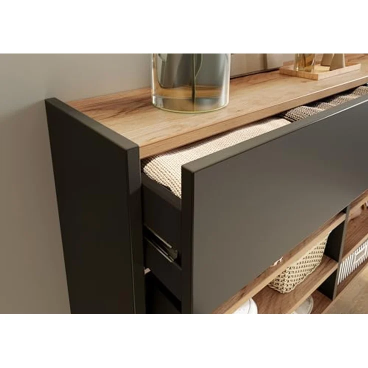 XXXL Garderobe GW-Ameca, 2-teilig in Graphit und Navarra-Eiche mit Spiegel, Schuhschrank für bis zu 12 Paar Schuhe, 110x200x22 cm – Bild 5
