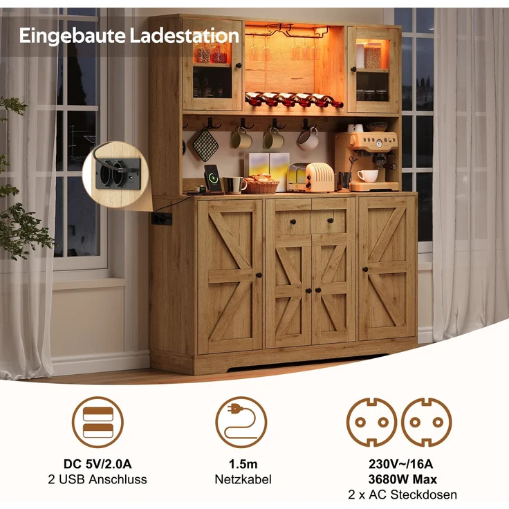 Küchenschrank, hoher Schrank mit LED-Beleuchtung und Steckdosen, Vorratsschrank mit Acrylglastüren, Weinregalen und Weinglashaltern, Vitrinenschrank für Wohnzimmer & Esszimmer, 140 × 40 × 173 cm--Natürlich--140x40x173cm--YOUDENOVA – Bild 9
