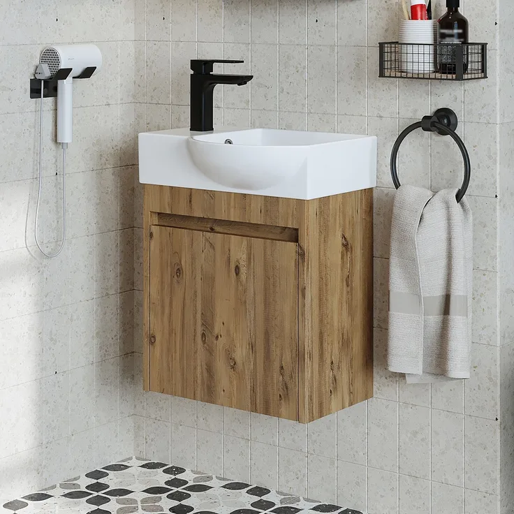 Roomart LEO Badmöbel Set– 2-teiliges Badezimmermöbel Set - Waschbecken mit Unterschrank - H 45 x B 24.5 x T 46.5 cm • Eiche