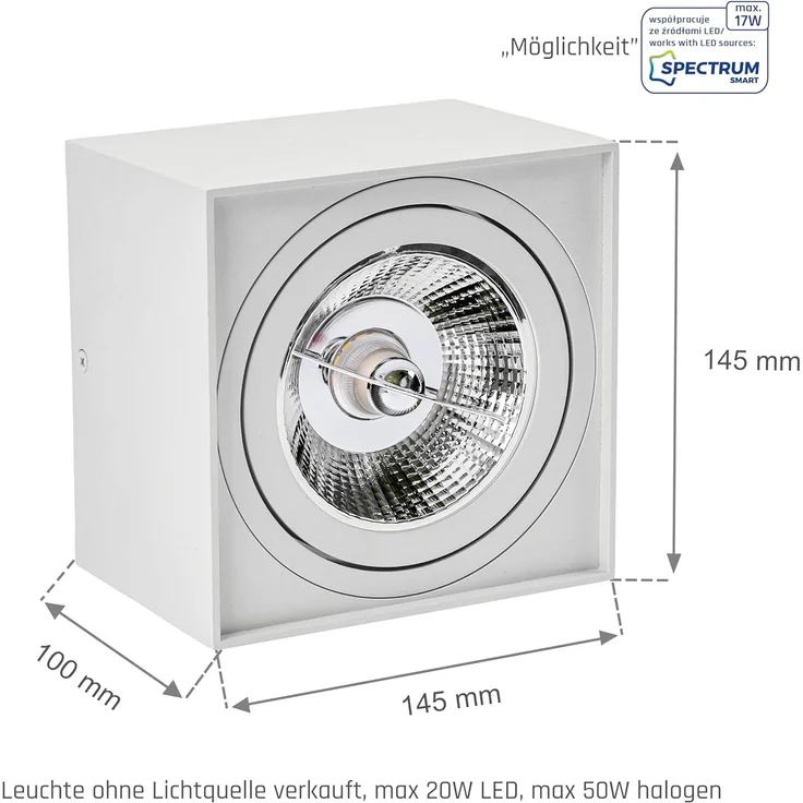 Deckenspots weiß D-145mm AR111 GU10 schwenkbar IP20 quadratisch – Bild 2