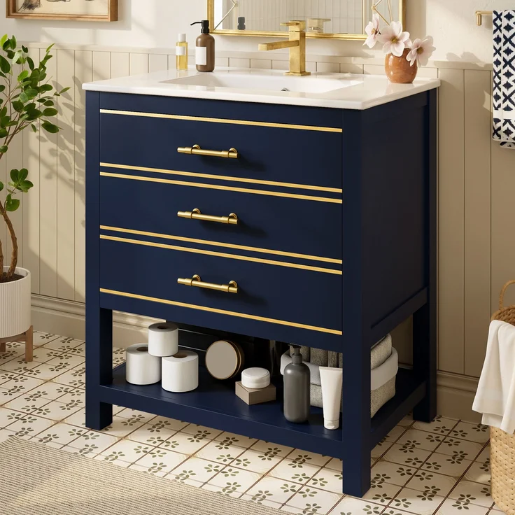 Waschtisch-Unterschrank 76 cm Schwarzblau mit Keramikbecken 2 Schubladen gold handhaben – Bild 2