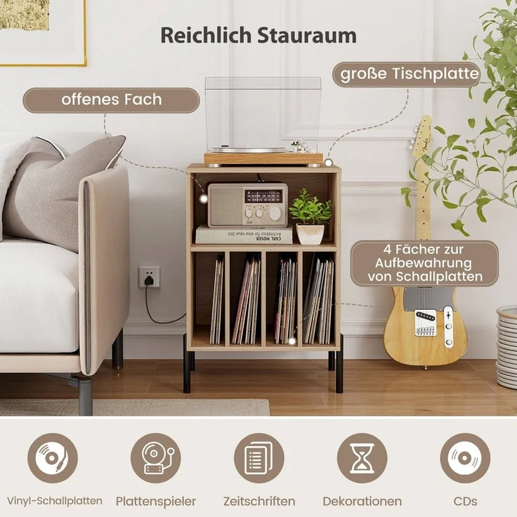 COSTWAY Nachttisch, Plattenspieler-Ständer mit Ladestation, Regal – Bild 2