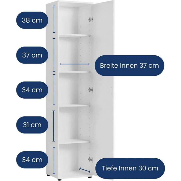 Home Collective Mehrzweckschrank Schmaler 40 cm breit mit 1 Tür & 4 Einlegeböden (Universalschrank Haushaltsschrank für Haushalt, Flur, Büro oder Schlafzimmer) 40x35x184 cm (BxTxH), Weiß – Bild 3