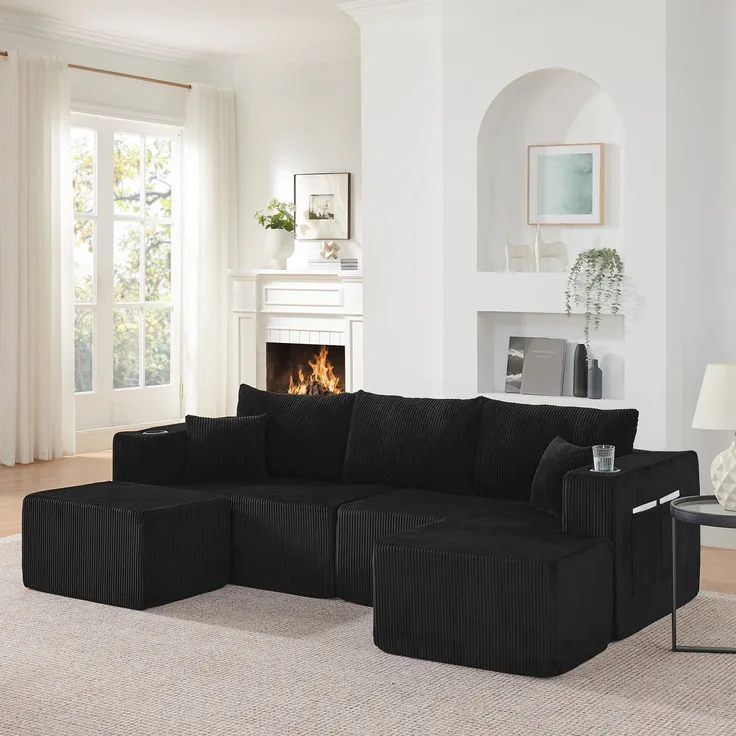 ZUBALIYA modulares 3-Sitzer Ecksofa mit 2 beweglichen Ottomanen, Getränkehaltern, Seitentaschen und Kissen, Gesamtmaß H 75 x T 178 x B 239 cm, Schwarz