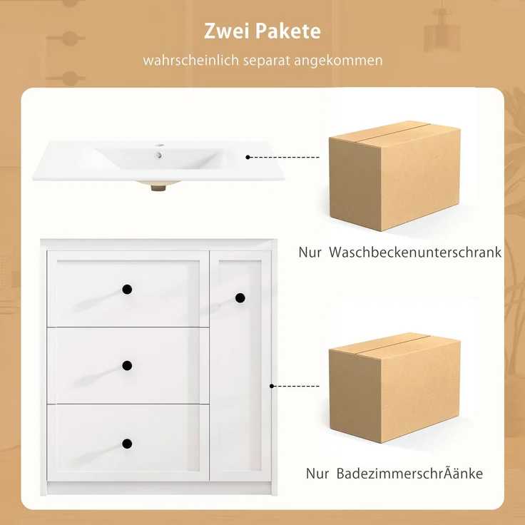 Freistehender Waschtisch 76 x 46 x 82 cm aus MDF mit Keramikbecken und 4 Schubladen – Bild 5