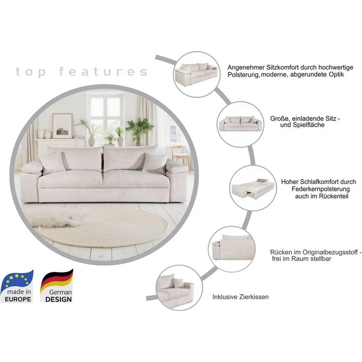 COLLECTION AB Schlafsofa Mara, B: 249 cm, Liegefl. 139x195 cm, Dauer-Schlaffunktion, Bettkasten & Federkern, wahlweise mit Topper – Bild 3