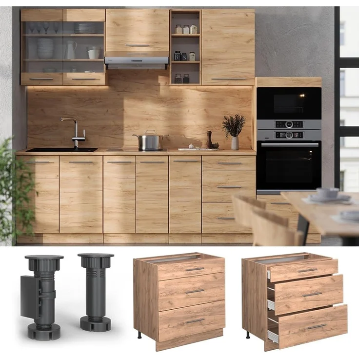 Küchenunterschrank Fame-Line Goldkraft Eiche 80 cm mit 3 Schubladen, AP Eiche Vicco – Bild 4