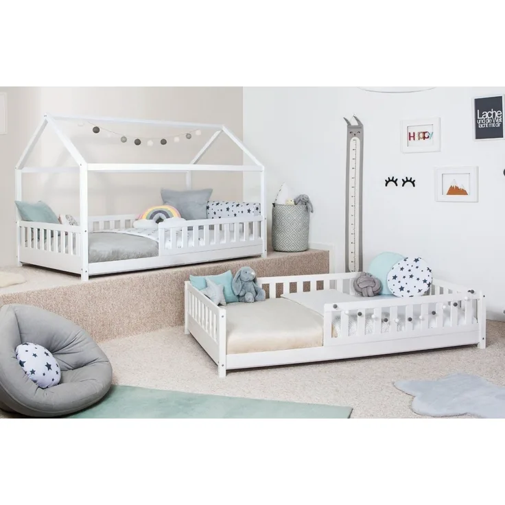 Ticaa Hausbett Duo mit Rausfallschutz aus Kiefer, Bodenbett 90x200, inkl. abnehmbarem Dach, mit Rollrost, mit Matratze