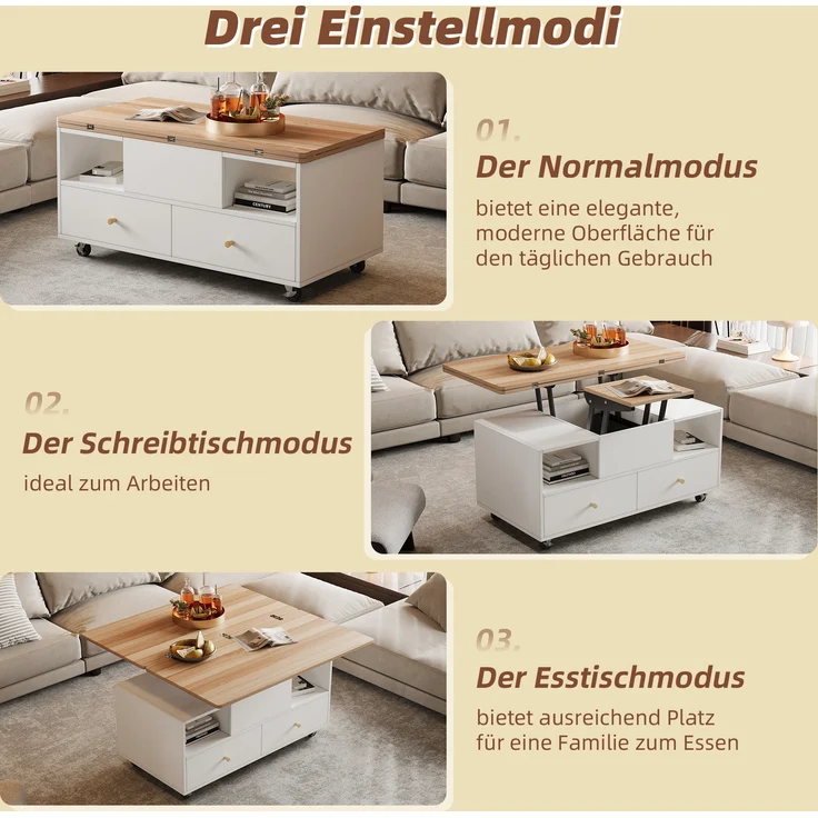 Höhenverstellbarer Couchtisch aus MDF mit 4 Schubladen, Klappfunktion & Rollen, 100x50x47,5-62 cm, Naturholz/Weiß – Bild 7