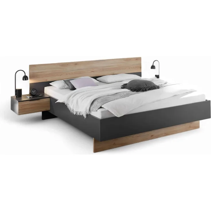 Stella Trading ASKA Stilvolle Doppelbett Bettanlage mit Nachtkommoden 180x200 cm - Schlafzimmer Komplett-Set in Graphit, Mauvella Eiche Optik - 285 x 95 x 205 cm (B/H/T)