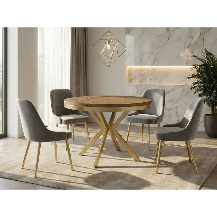 WFL GROUP Esstisch Dina ausziehbar rund industrial mit goldenen Metallbeinen (MADE IN EU, erhältlich in 3 Größen – 90/100/120 cm ausziehbar auf 170/180/200 cm), platzsparender Tisch in Holzoptik für Küche, Esszimmer oder Wohnzimmer – Bild 5