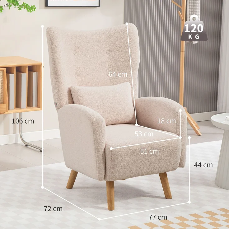 Akzentstuhl, Polstersessel mit Plüschbezug, Schaumstoffkissen, Ohrensessel, Beige--Beige--106x72x77cm--YOUDENOVA – Bild 5